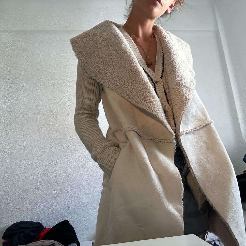 Leather fuzz sweater jacket